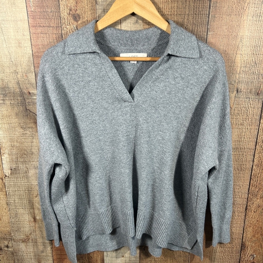 LOFT Petite XS Gray Oversized Knit Sweater High Low Hem Cozy Capsule Neutral